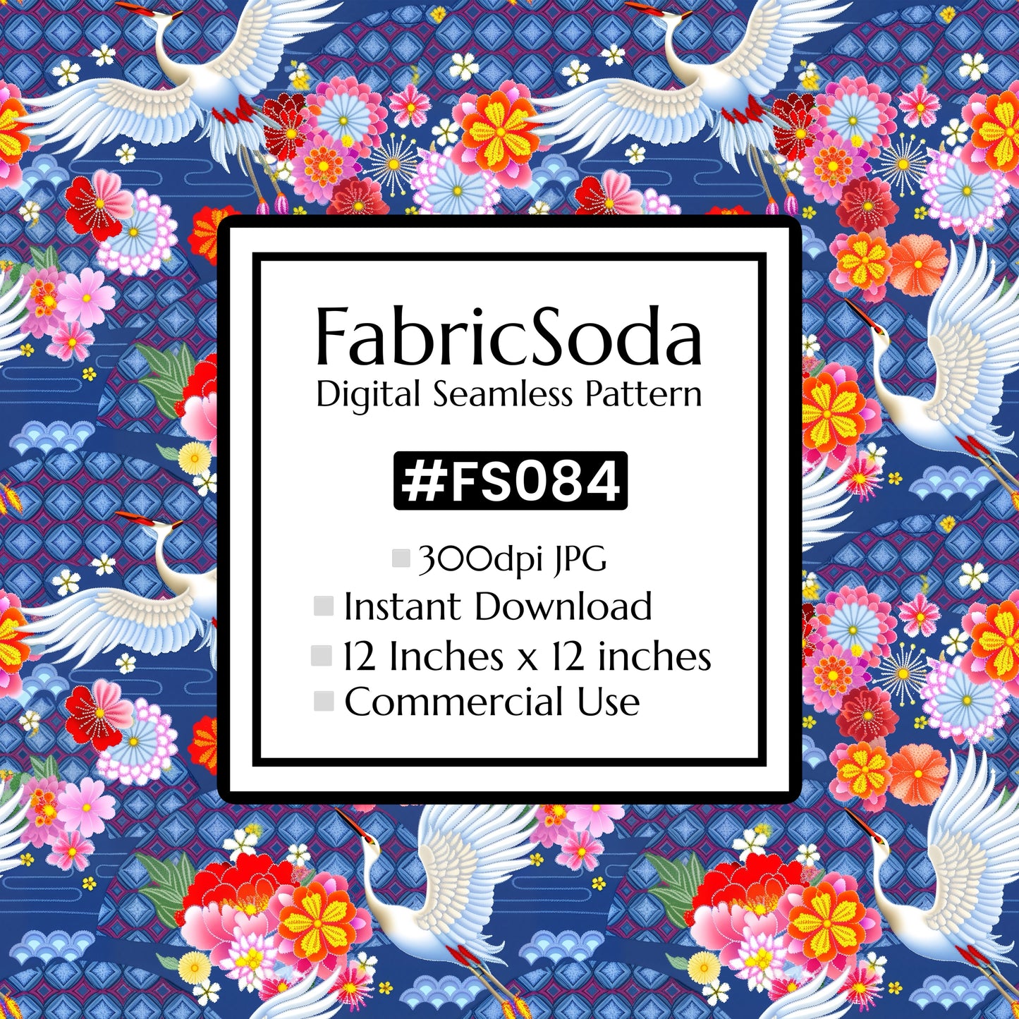 FS084 Japanese Style Crane Floral Seamless Pattern JPG