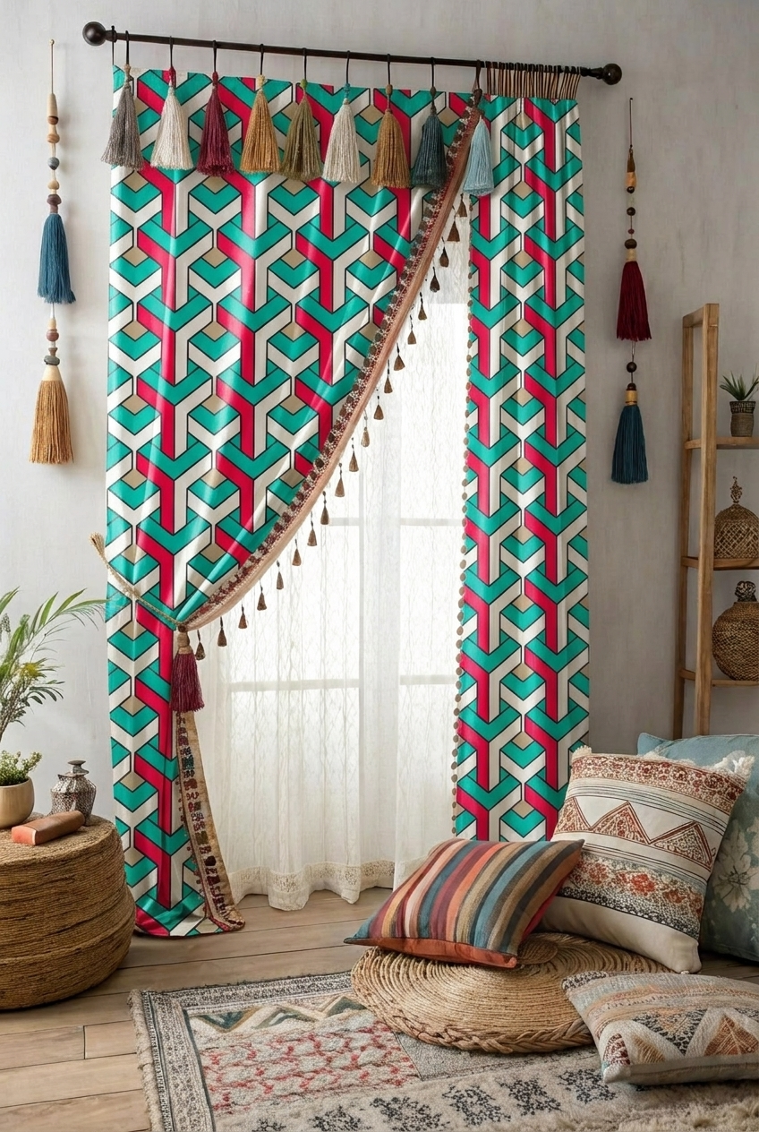 FS003 Green Geometric Y Pattern Fabric for curtain 