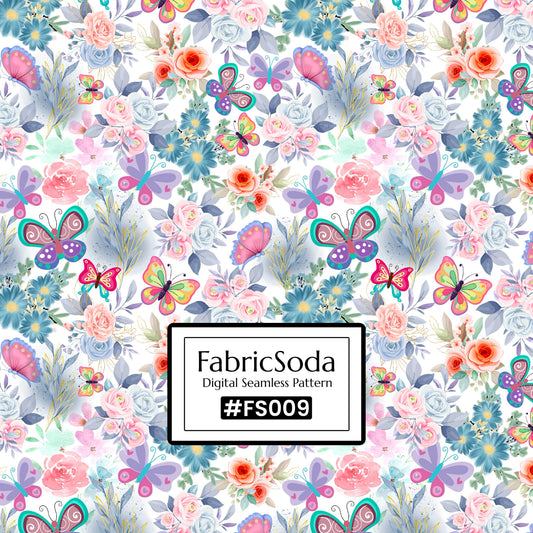Colorful floral and butterfly pattern with FabricSoda branding.