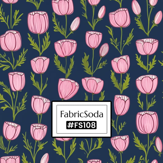 Pattern of pink flowers on a navy background with 'FabricSoda' branding.