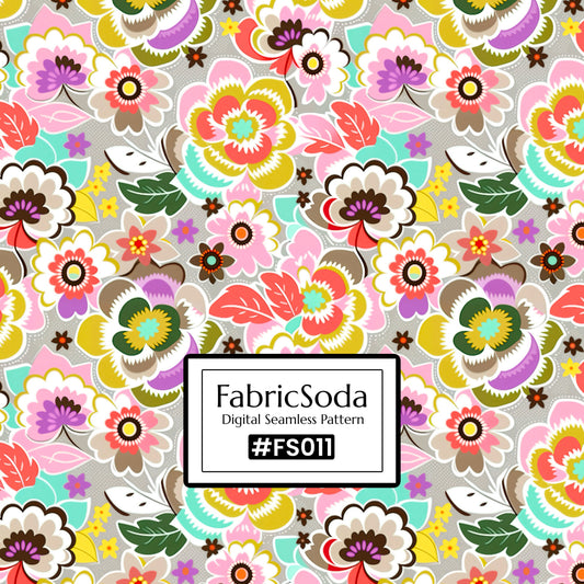 Colorful floral pattern with FabricSoda logo and hashtag