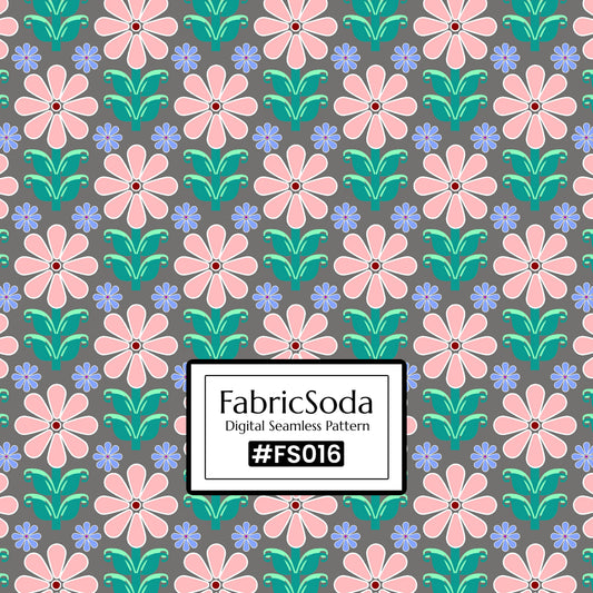 Floral pattern with pink flowers and green leaves on a gray background, featuring the FabricSoda logo.