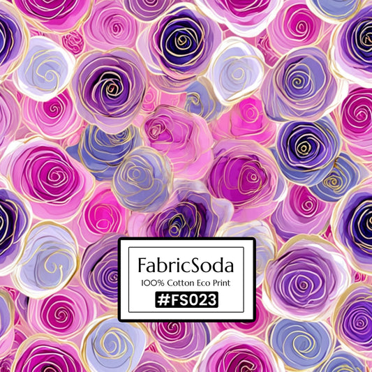 Pattern of pink and purple roses with 'FabricSoda' logo in the center.