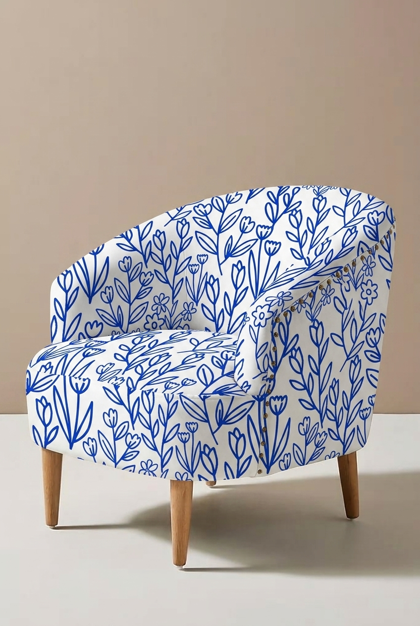 FS024 Blue Line Art Floral Fabric