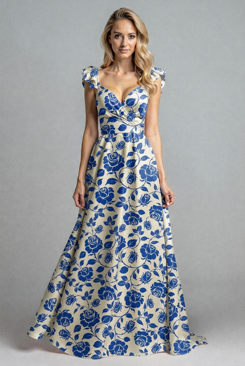 FS030 Blue Flower on Beige Printed Fabric for dress