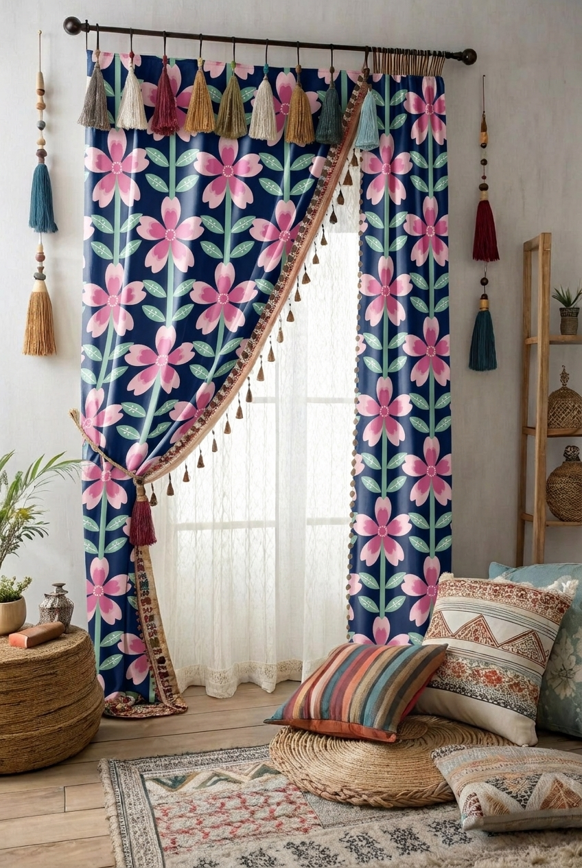 FS031 Pink Flower Printed Fabric for curtain 