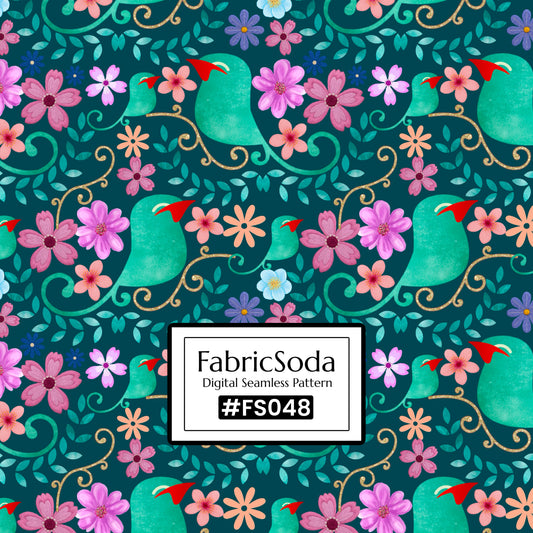 FS048 Calm Bird Seamless Pattern JPG PNG, Green Floral Pattern 