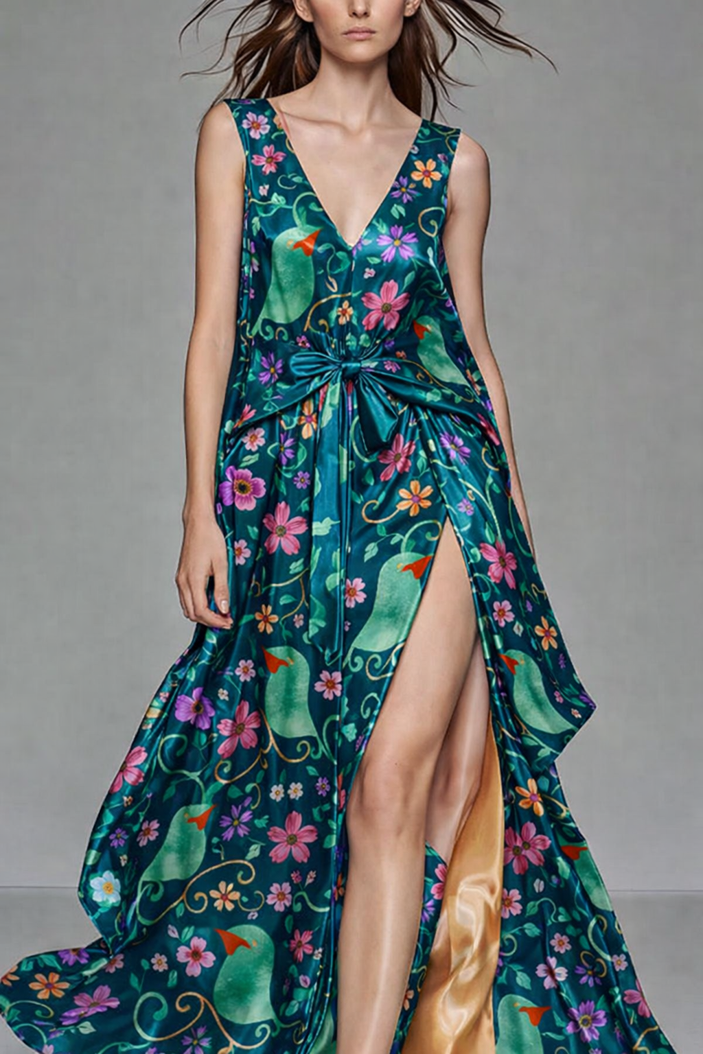 FS048 Green Bird Floral Printed Fabric