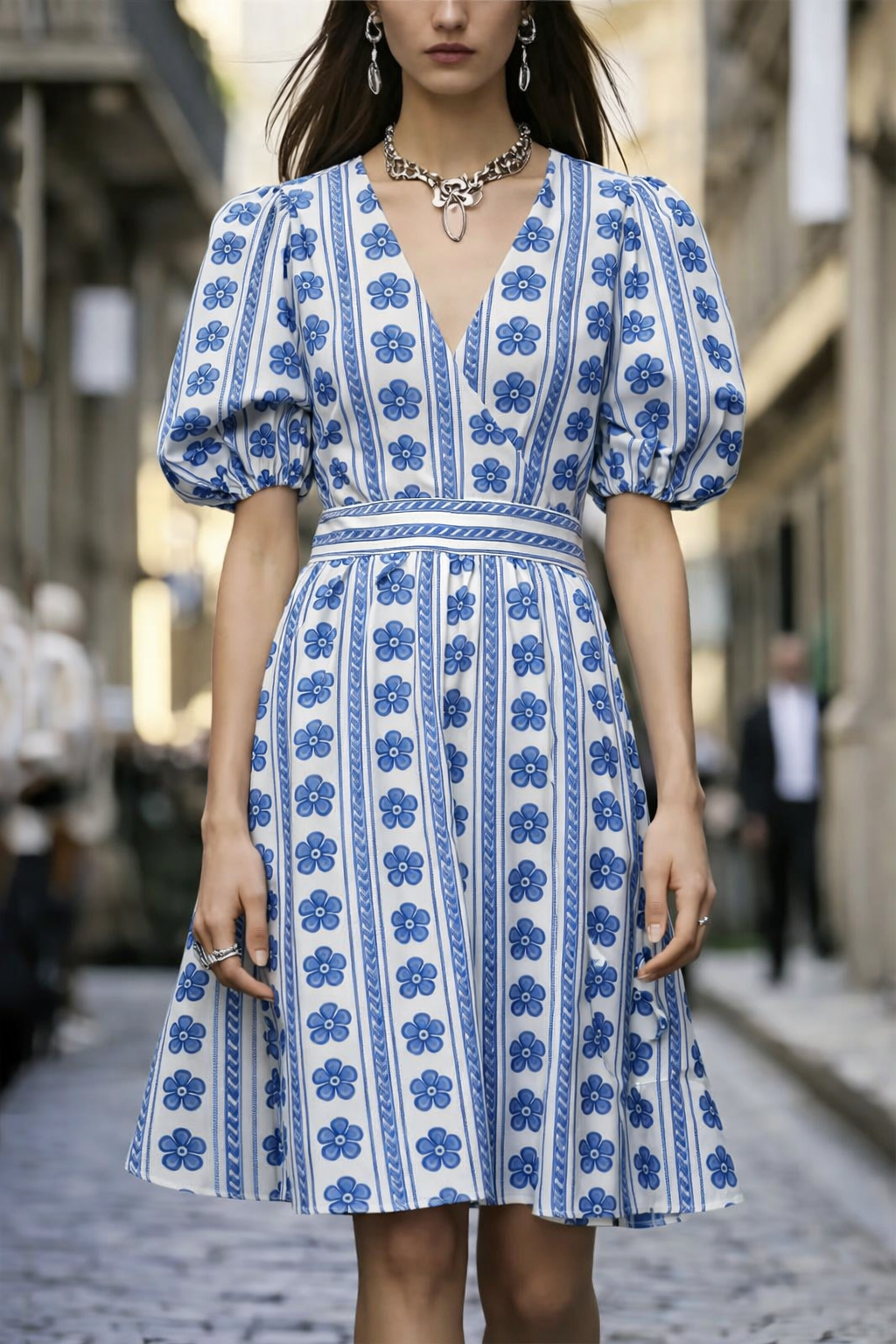 FS049 Blue Floral Stripe Printed Fabric