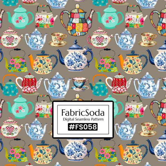 FS058 Teapot Art Beige Printed Fabric
