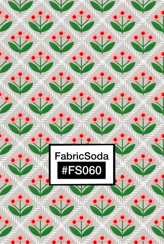 FS060 White Flower Checkered Printed Fabric