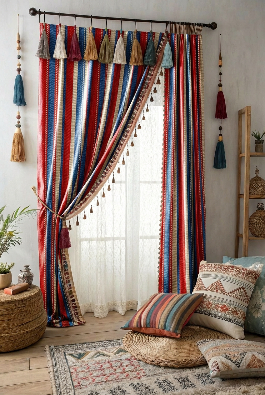 FS061 Red White Blue Embroidery Effect Striped Seamless Pattern