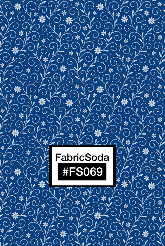 FS069 White Floral on Blue Printed Fabric