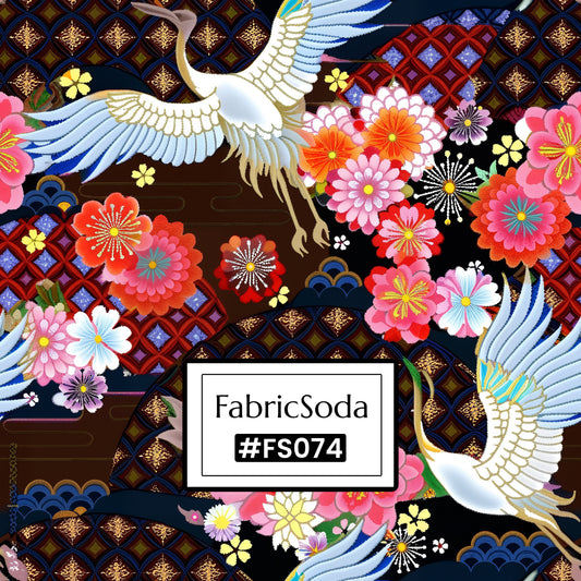 FS074 Japanese Style Crane Floral Printed Fabric
