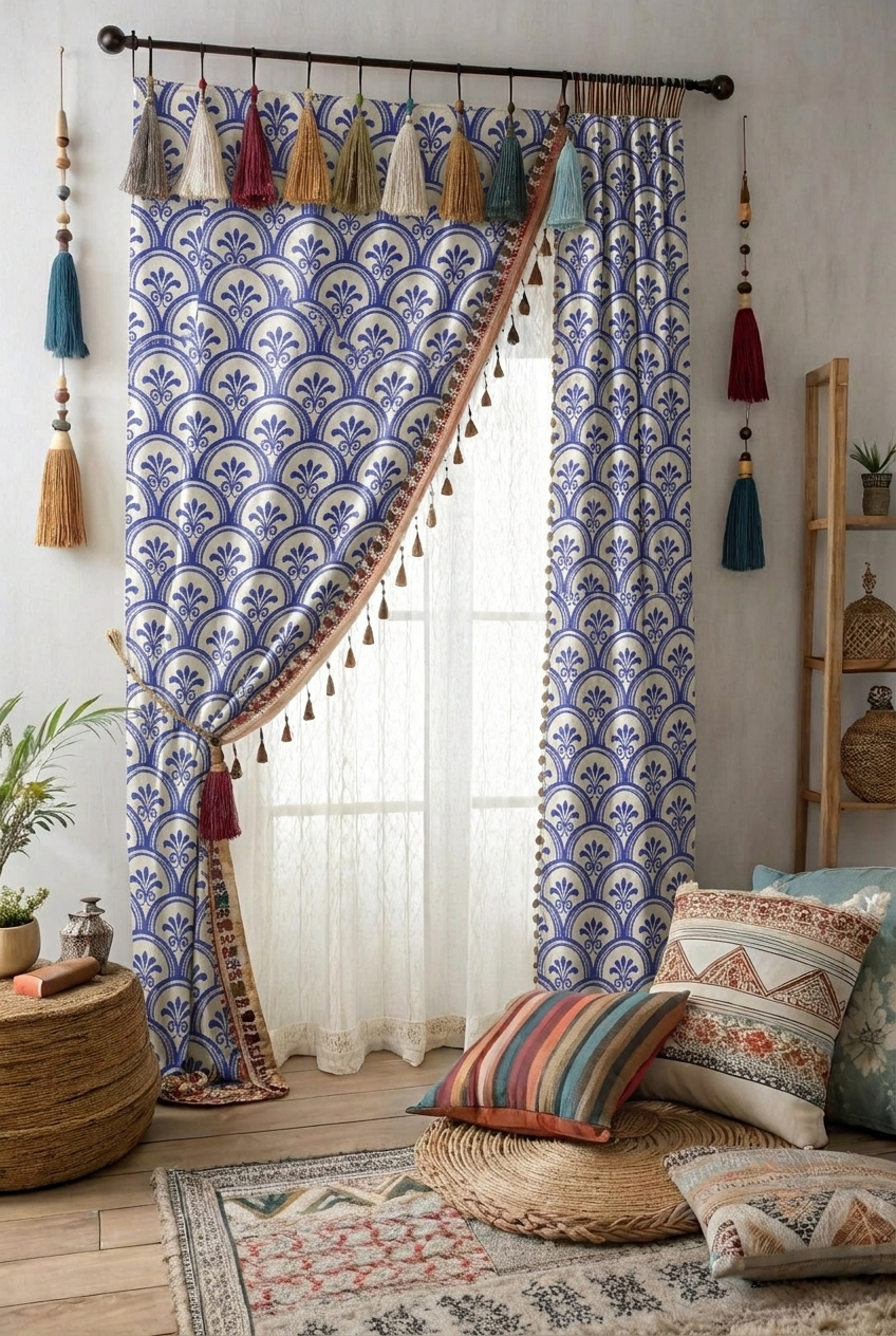 FS079 Japanese Waves Blue Floral Seamless Pattern