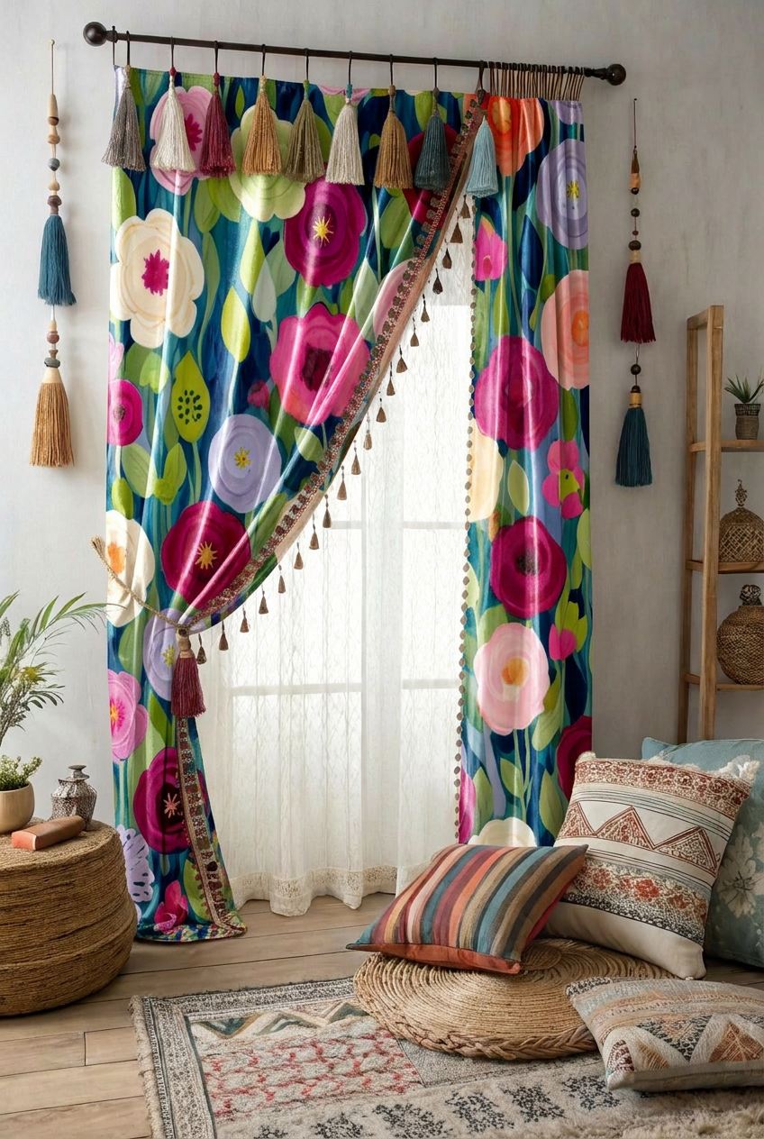 FS090 Colourful Flower Garden Fabric for curtain 