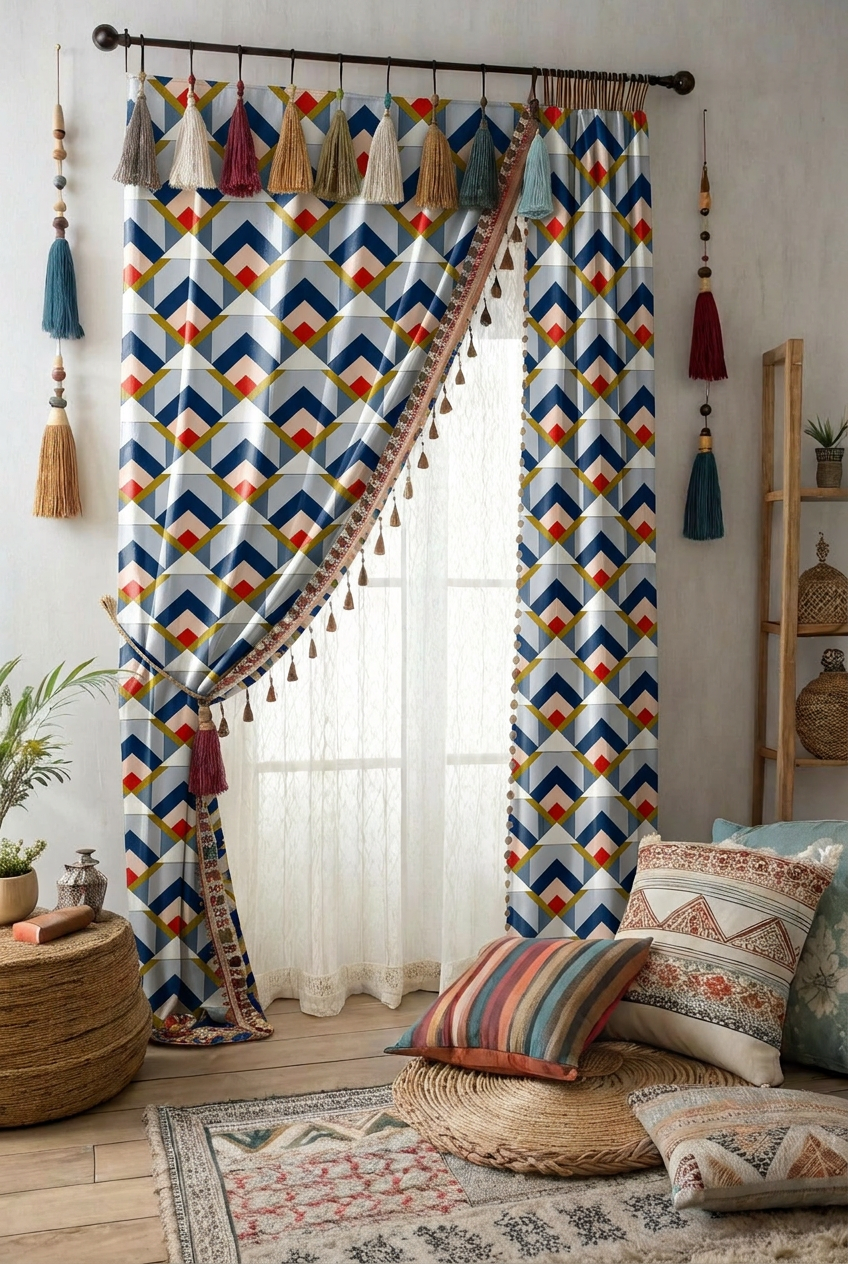 FS092 Blue Geometric Arrow Tile Printed Fabric for curtain 