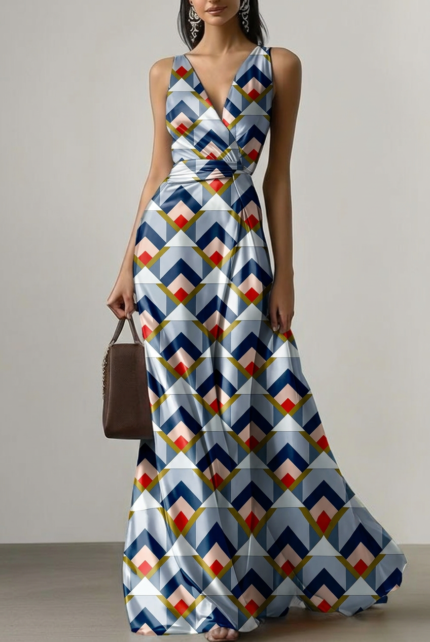 FS092 Blue Geometric Arrow Tile Printed Fabric for dress 