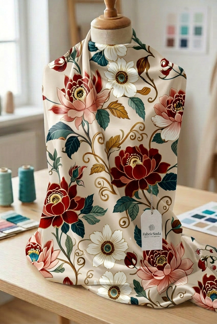 FS093 Peonies on Beige Floral Fabric