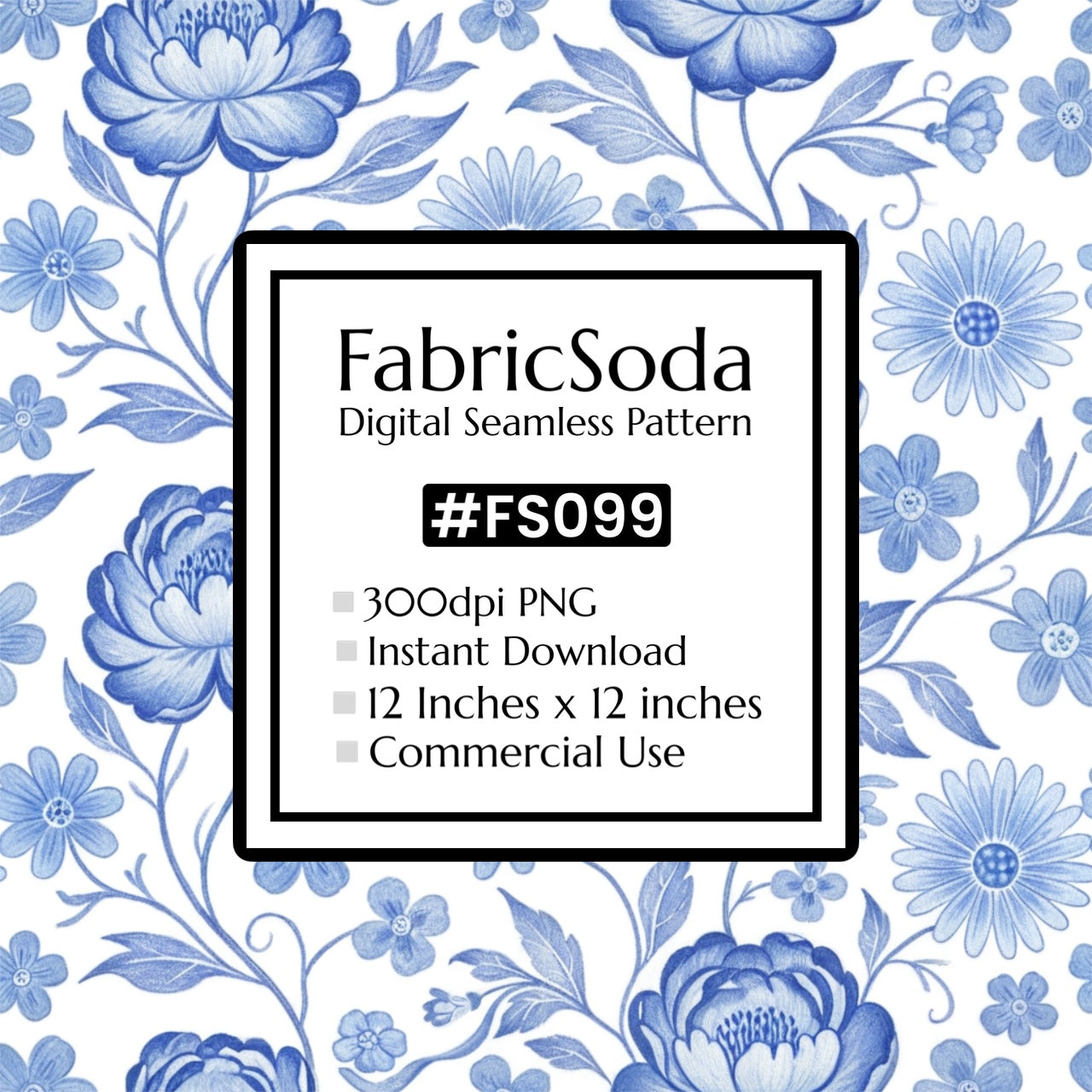 FabricSoda digital seamless pattern with blue flowers on a white background