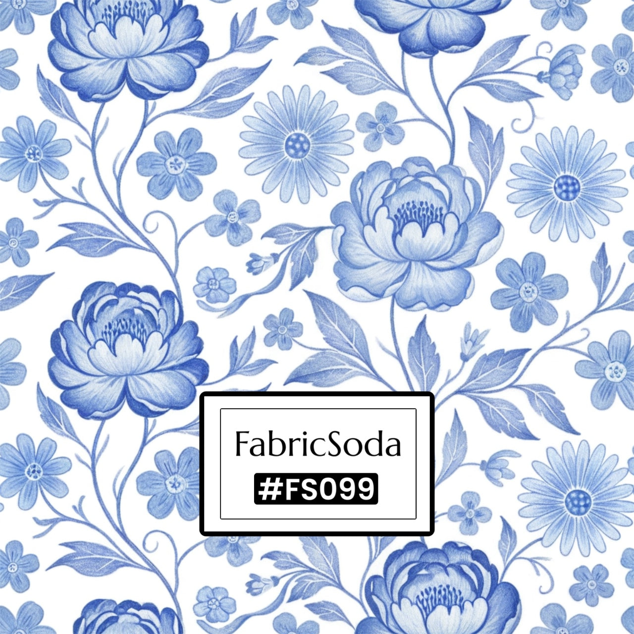 Blue floral pattern with 'FabricSoda' branding on a white background