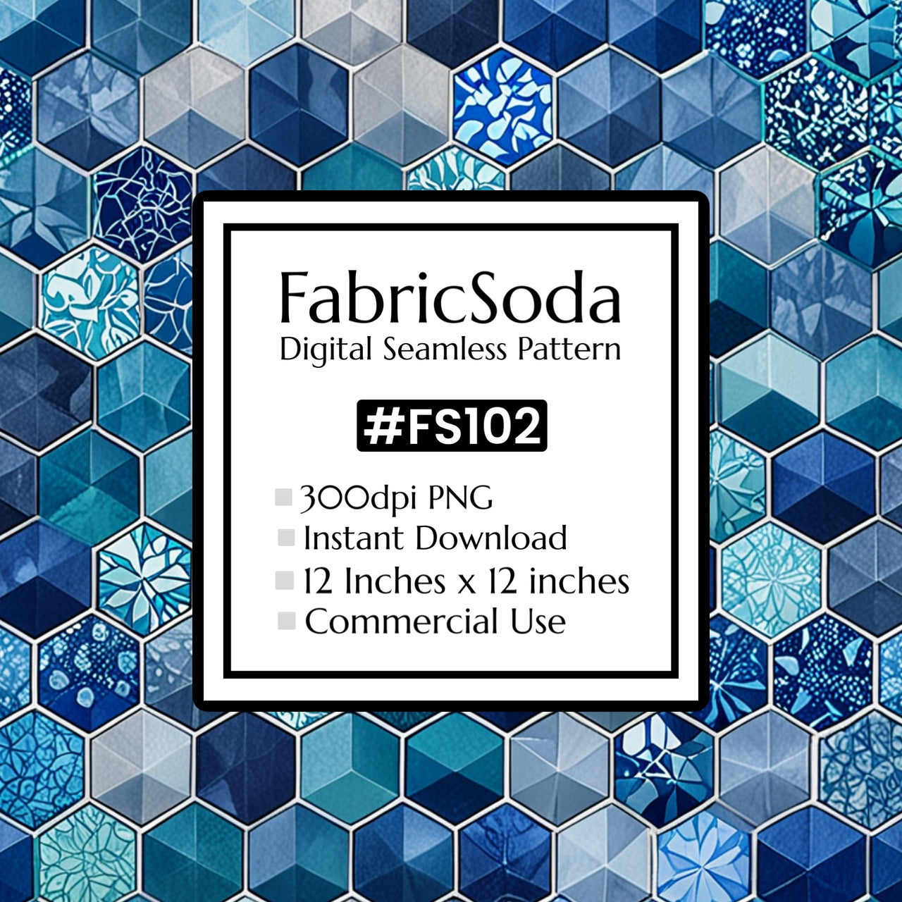 FabricSoda digital seamless pattern with blue hexagonal tiles in a frame.
