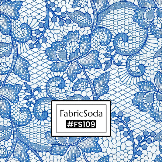 Blue floral lace pattern with 'FabricSoda' branding and color code '#FS109'.