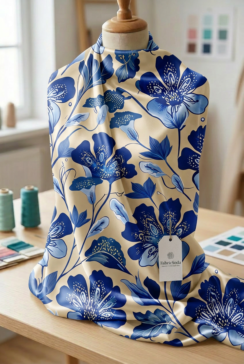 FS115 Blue Flower on Beige Fabric
