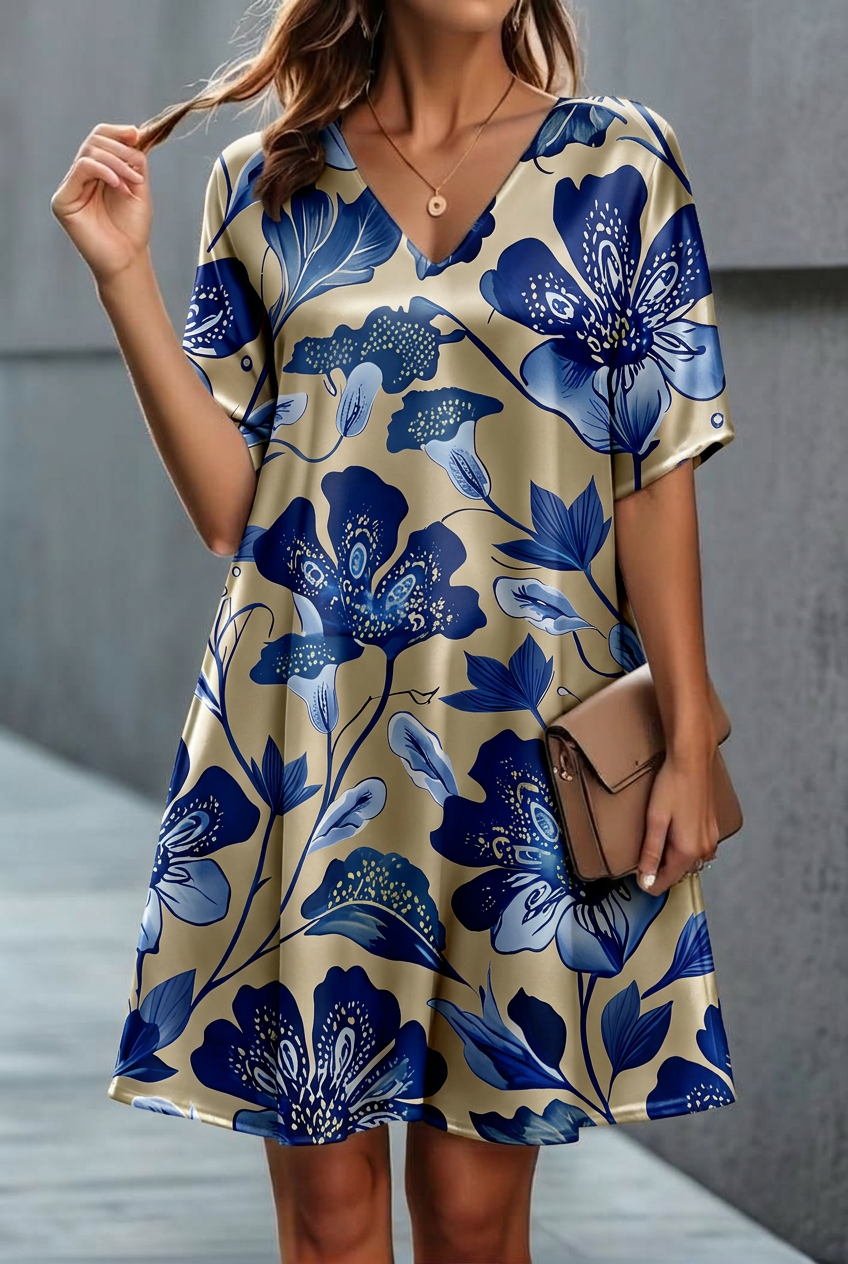 FS115 Blue Flower on Beige Fabric For dress